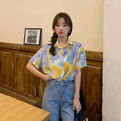 Real price summer Vintage oil painting tie dye printed shirt Lapel casual women's top fashion