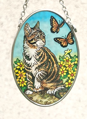 清仓！猫咪与蝴蝶AMIA彩绘玻璃挂牌壁饰家居摆件艺术收藏生日礼物