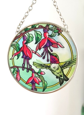 孤品 精美兜兰与蜂鸟美国AMIA彩绘玻璃壁饰捕光器现代设计感送礼