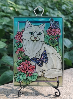 包邮清仓 白色优雅猫咪AMIA彩色玻璃外贸摆件家居装饰品创意礼物