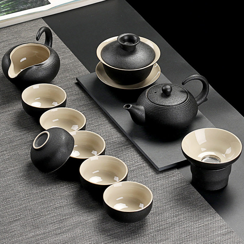 日式黑陶茶杯套装家用简约功夫茶具复古陶瓷茶壶盖碗办公整套