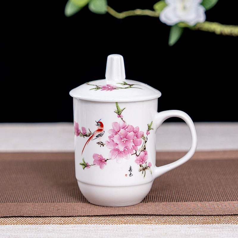 厂家直销陶瓷带盖茶杯办公会议杯家用水杯茶楼棋牌室杯子定制