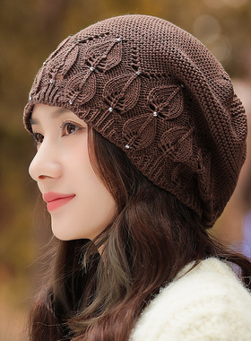 秋冬季帽子女款2025新款洋气堆堆帽勾花毛线遮白发帽保暖时1128n