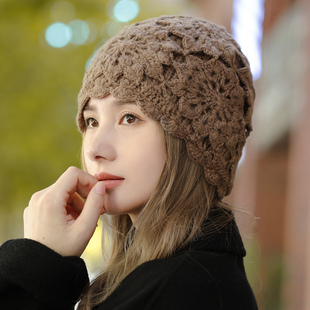 毛线帽子女款秋冬季洋气保暖手工针织帽2025钩花防寒显脸小包头帽