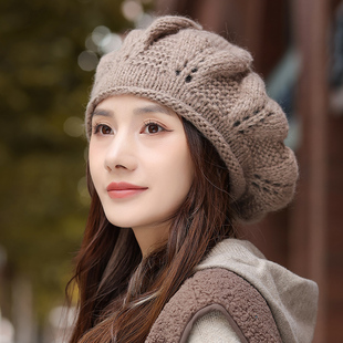 手工编制贝雷帽子2025新款女士秋冬款显脸小针织帽时尚洋气毛线帽