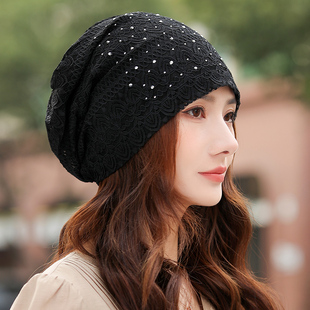 时尚包头帽子女款春夏薄款遮白发帽2026新款蕾丝镂空堆堆帽0117h