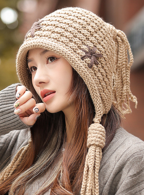 秋冬季帽子女士保暖防寒针织帽大头围2025新款流苏辫子1128n