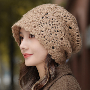 毛线帽子女款秋冬季手工编制针织帽2025新款保暖遮白发妈妈堆堆帽