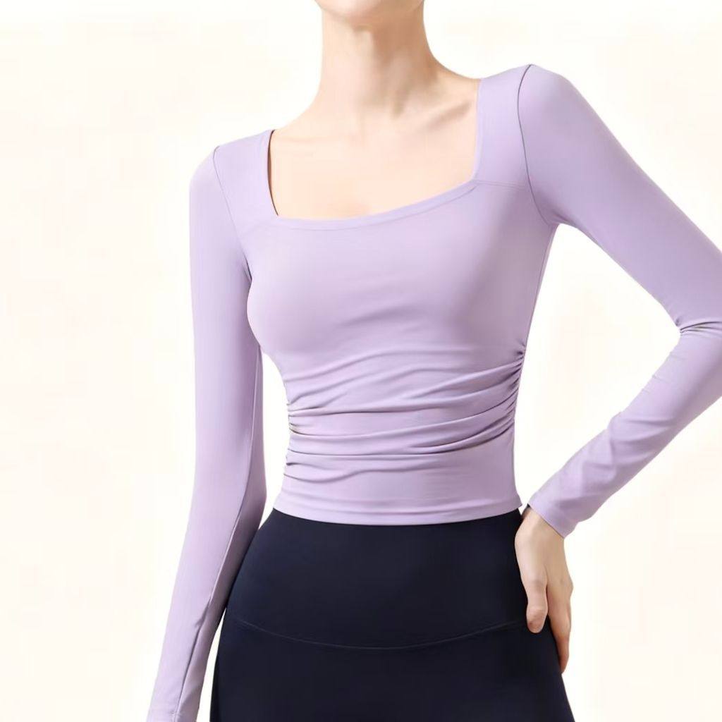 带胸垫裸感瑜伽服女长袖T恤显瘦健身上衣运动健身服普拉提训练服