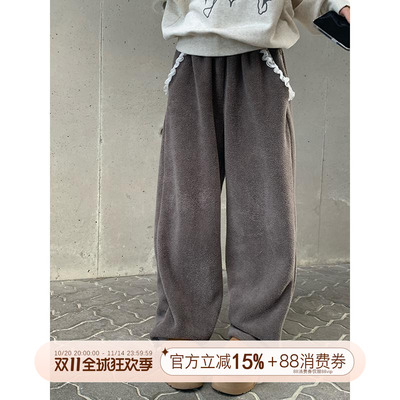 霍里德地图 芭蕾风灰色毛绒抽绳调节直筒百搭保暖加厚卫裤女