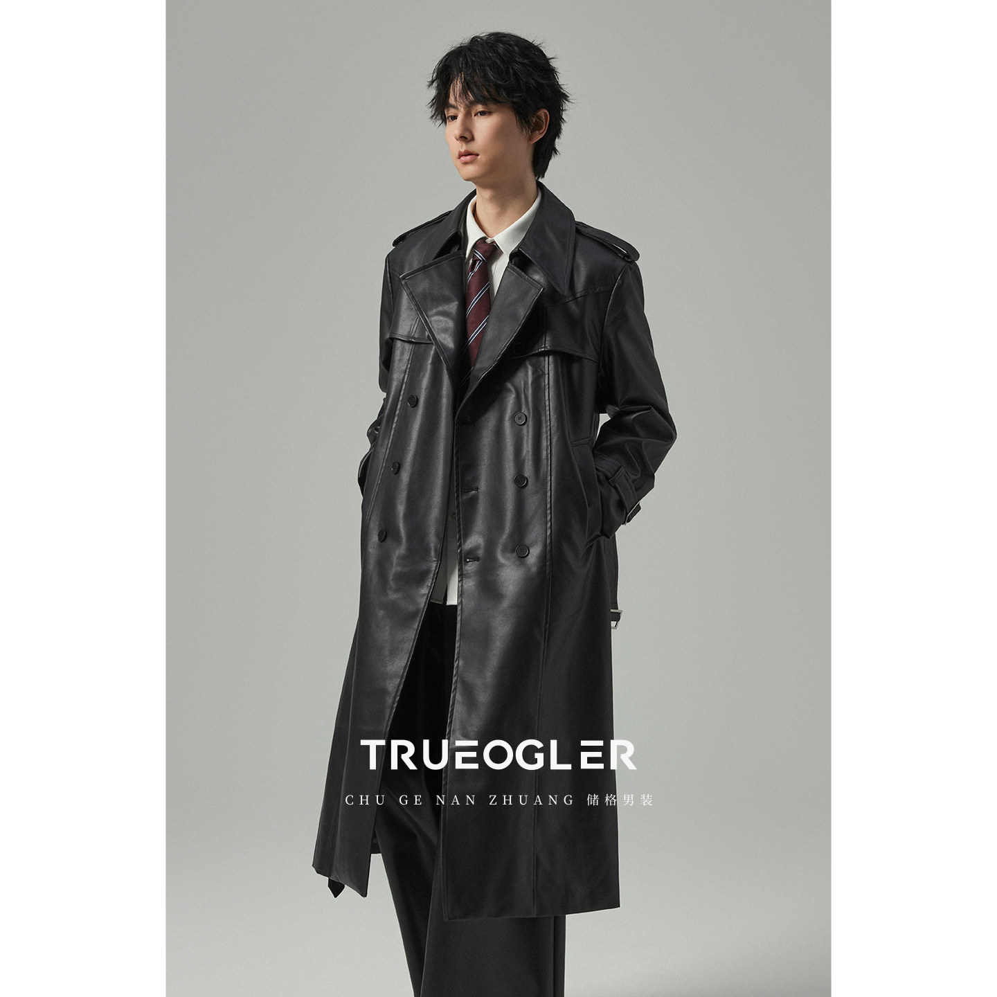 【储格】PU风衣男过膝长款垂感有型设计款皮外套秋冬季猎装大衣,男装,风衣,淘宝优惠券,粉丝福利购,淘宝优惠卷