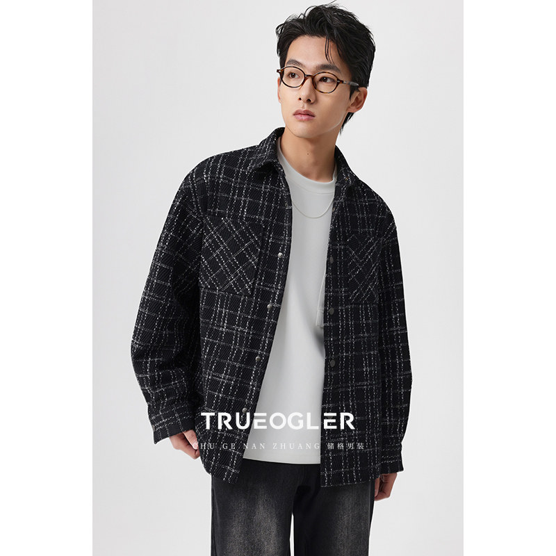 【储格】格子衬衫款夹克男纹理拼接落肩宽松厚款外套2025春季上衣,男装,夹克,淘宝优惠券,粉丝福利购,淘宝优惠卷