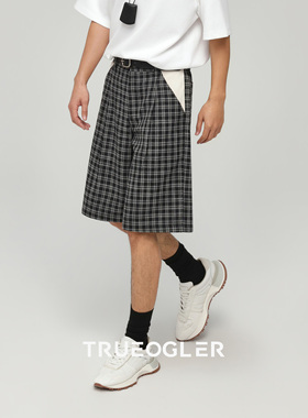 【储格】格子短款休闲五分裤男PU皮拼接短裤半松紧腰宽松5分裤子