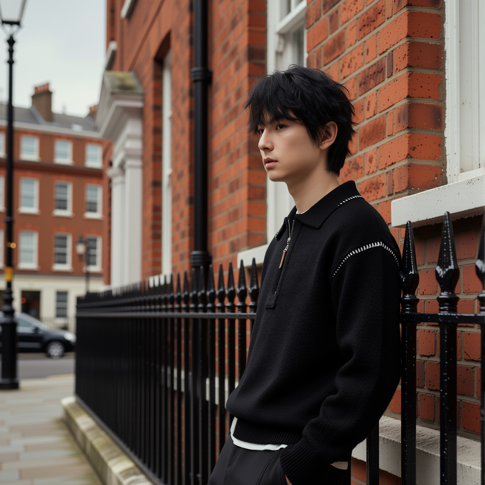 翻领撞色针织衫男叠穿老钱风