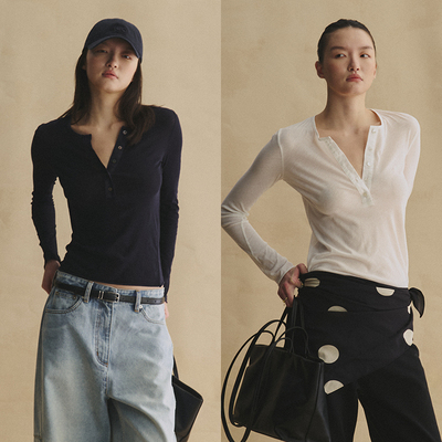 SLO“裸感亨利 tee ” 全棉加捻经典扭扣式半开襟复古长袖Tt恤女