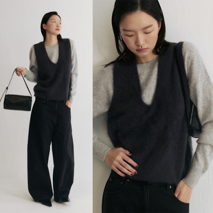 深U领羊毛羊绒针织上衣女2025新款 叠穿马夹 绒雾羊毛背心 SLO