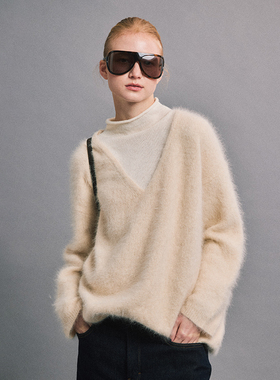 SLO“午后书馆”山羊绒拉绒假两件高领毛衣女2025秋冬杏仁色毛衫