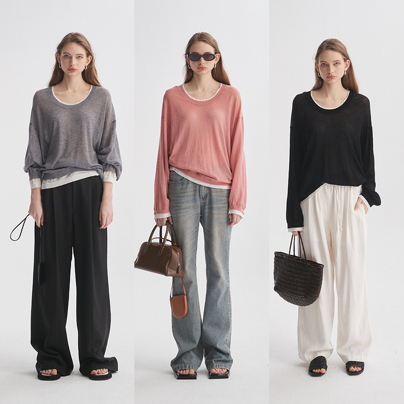 SLO 慵懒风丝光美利奴羊毛纱线亲肤透气假两件层次感套头针织衫女