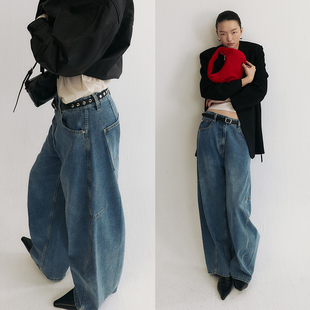 阔腿宽松复古时髦裤 SLO 水洗牛仔裤 解构弯刀裤 子 倪妮同款