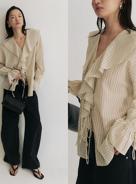 SLO“微光浪漫 ”木耳荷叶边系带衬衫女宽松条纹法式小资V领衬衣