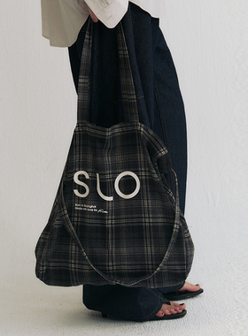 SLO经典帆布袋做旧水洗磨毛格纹工艺高密色织双肩带大容量帆布包