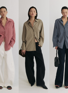 SLO“老友书店”磨毛衬衫经典格纹落肩宽松H型衬衣女早秋长袖上衣