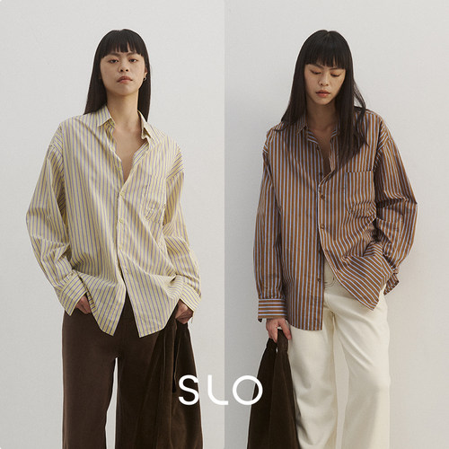 SLO【豆豆同款】【天才女友高智】经典翻领宽松长袖条纹衬衫衣女