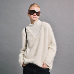 SLO“午后书馆”山羊绒拉绒假两件高领毛衣女2025秋冬杏仁色毛衫