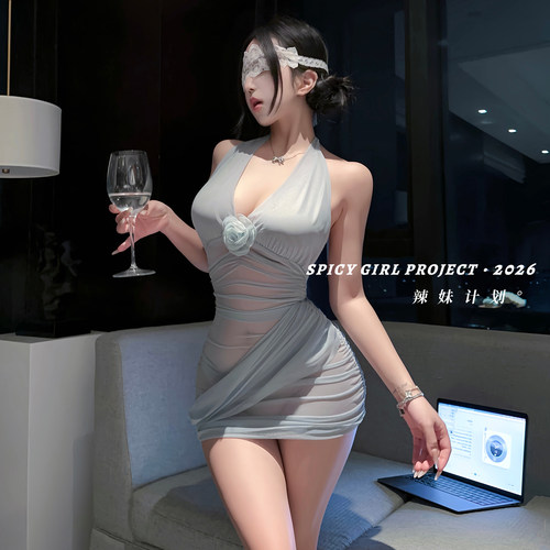 辣妹计划~性感纯欲风网纱透视诱惑深V玫瑰睡裙情调包臀裙qqny内衣