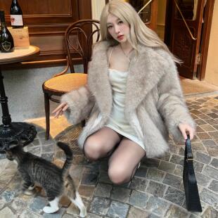 Cjxnh狐狸毛环保皮草 翻领秋冬毛毛外套rose风混色氛围感宽松显瘦