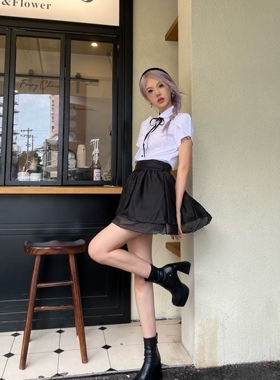 Cjxnh甜酷纯欲衬衫套装 韩版蓬蓬裙半袖系带上衣黑白百搭显瘦23夏