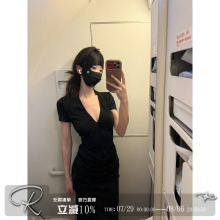 Ruanrui 舒适性感*深V褶皱莱赛尔天丝简约弹力收腰显瘦长裙连衣裙