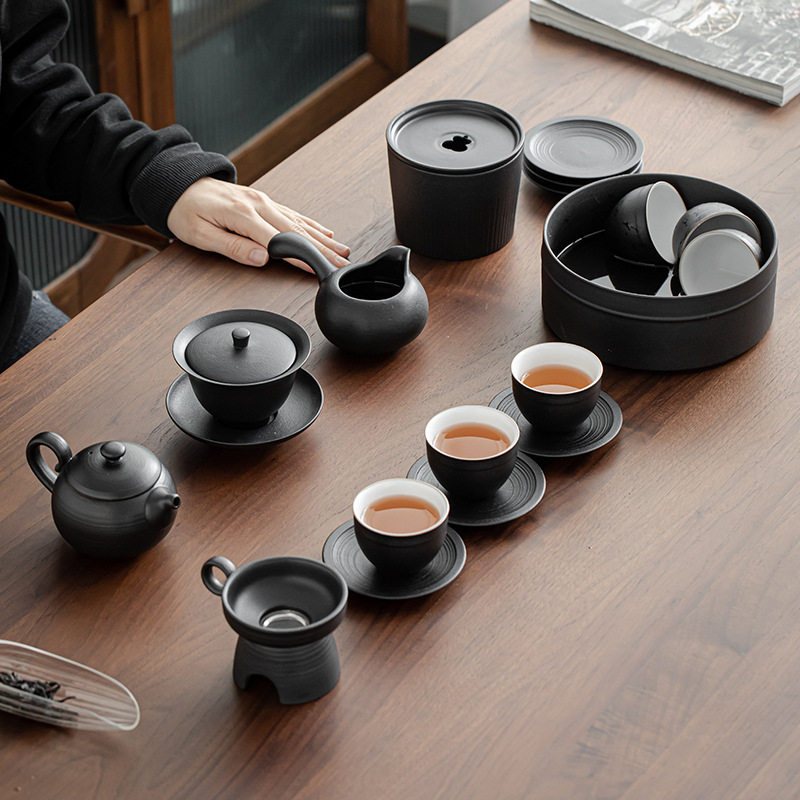 墨功夫茶具套装日式黑陶泡茶壶盖碗家用客厅办公室整套茶具