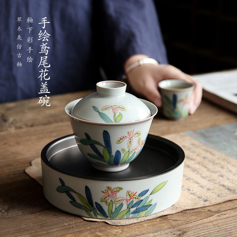 日式手绘鸢尾花盖碗釉下彩手拉坯茶碗茶杯陶瓷功夫茶具泡茶器