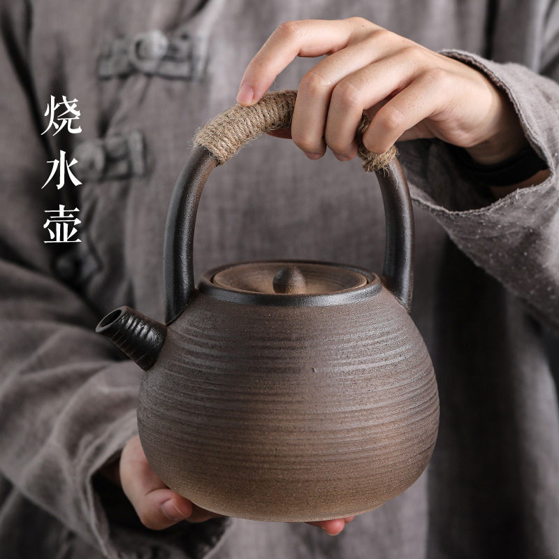 茶道烧水壶大容量陶瓷煮水壶普洱煮茶器复古陶壶粗陶大号提梁壶