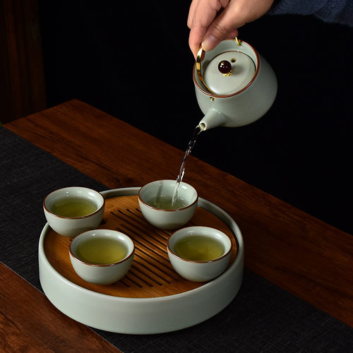 汝窑旅行茶具家用陶瓷中式简约户外便携式快客杯陶瓷茶盘泡茶水壶