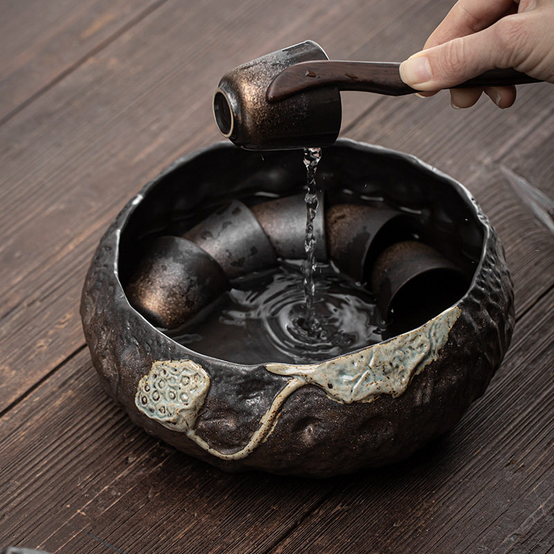 日式鎏金铁釉莲蓬茶洗大号家用水盂茶道茶渣缸桶水洗杯洗
