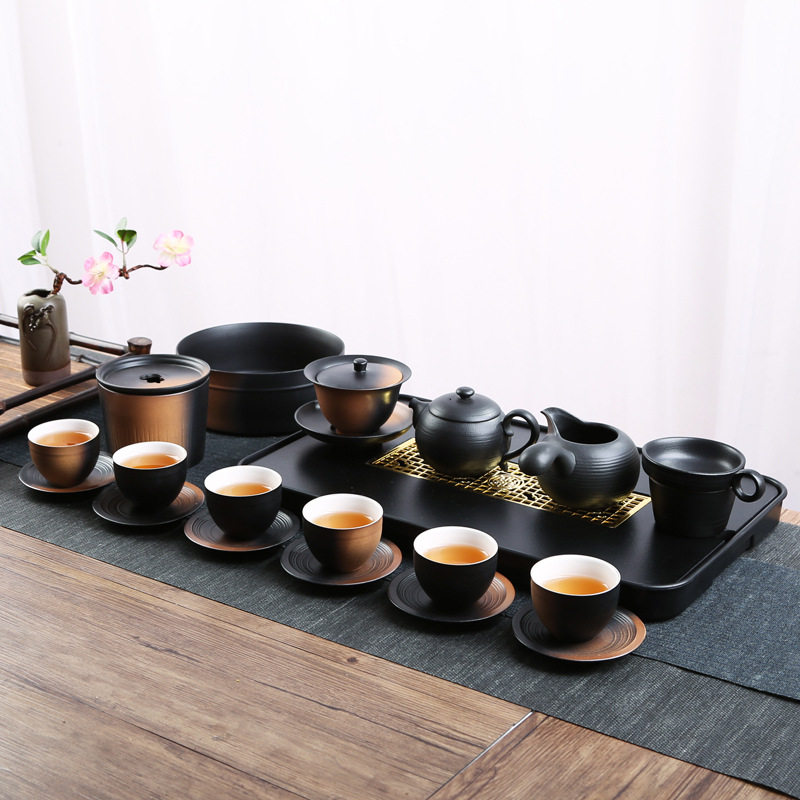 茶具套装功夫茶家用简约陶瓷黑陶渐变办公会客茶杯茶壶礼盒套装