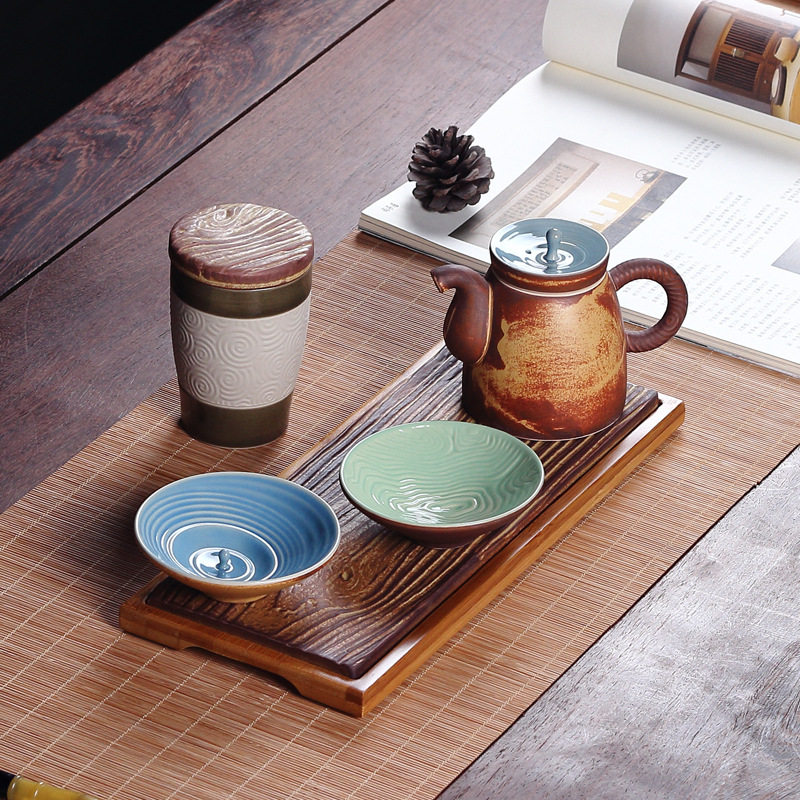 日式粗陶一壶二杯旅行茶具干泡茶盘手执壶茶杯茶叶罐整套茶具
