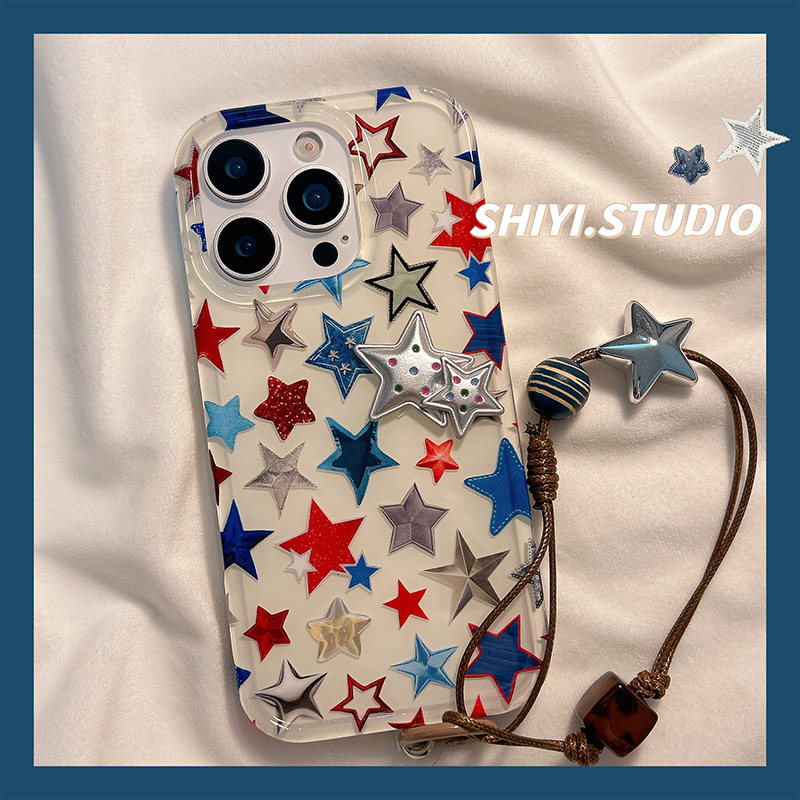 复古感满屏星星适用苹果16promax手机壳带挂绳17pro新款iphon13小众14pro女款15硅胶16pro防摔17日韩创意全包