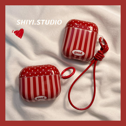秋冬红条纹波点拼接适用AirPods4保护套新款Pro2苹果耳机壳带手绳1/2代无线蓝牙3代airpodspro三代防摔保护壳