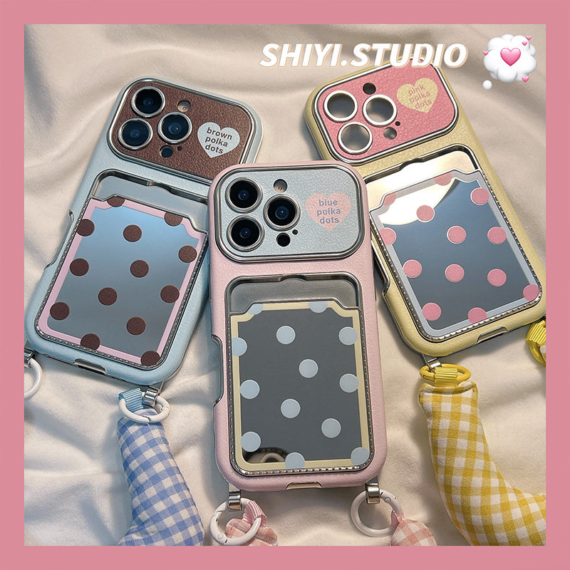 韩系撞色波点镜面卡包适用苹果17promax手机壳腕带17pro新款iphon16小众15pro女款15pm硅胶14防摔13皮质软壳