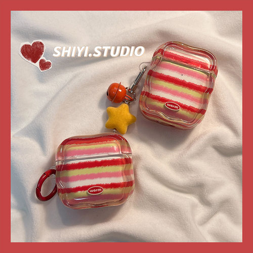 ins复古红撞色条纹适用AirPods4保护套新款Pro2苹果耳机壳带挂饰1/2代蓝牙盒3代airpodspro三代软防摔保护壳