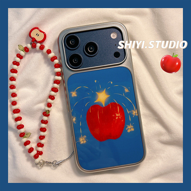 电镀银边蓝底红苹果适用苹果17promax手机壳16pro新款iphon17带链条15pro女款15硅胶14pm防摔13小众简约硬壳