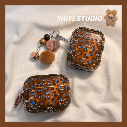 蓝棕豹纹线条猫咪小狗适用AirPods4保护套新款Pro2苹果耳机壳带挂饰1/2代蓝牙3代airpodspro三代软防摔保护壳