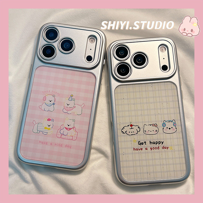 韩系ins卡通格纹猫狗适用苹果17promax手机壳16pro新款iphon17可爱15pro少女心15硅胶14防摔13电镀银二合一软