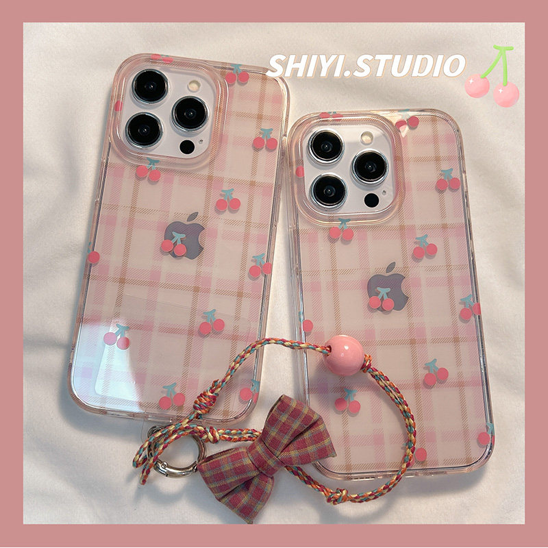 韩系ins透粉格纹樱桃适用苹果16promax手机壳15pro新款iphon13带挂绳14pro女款15硅胶16Pro小众16全包简约硬
