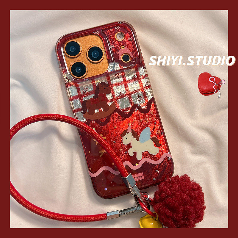 新年红底拼接格子小马适用苹果17promax手机壳16pro新款iphon17可爱15pro少女心15硅胶14防摔13手绳双层硬壳