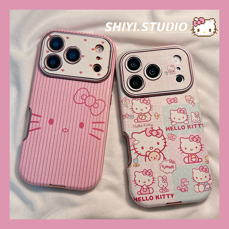 日系粉色条纹漫画HelloKitty适用苹果17promax手机壳16pro新款iphon17可爱15pro女款15硅胶14防摔13皮质软壳