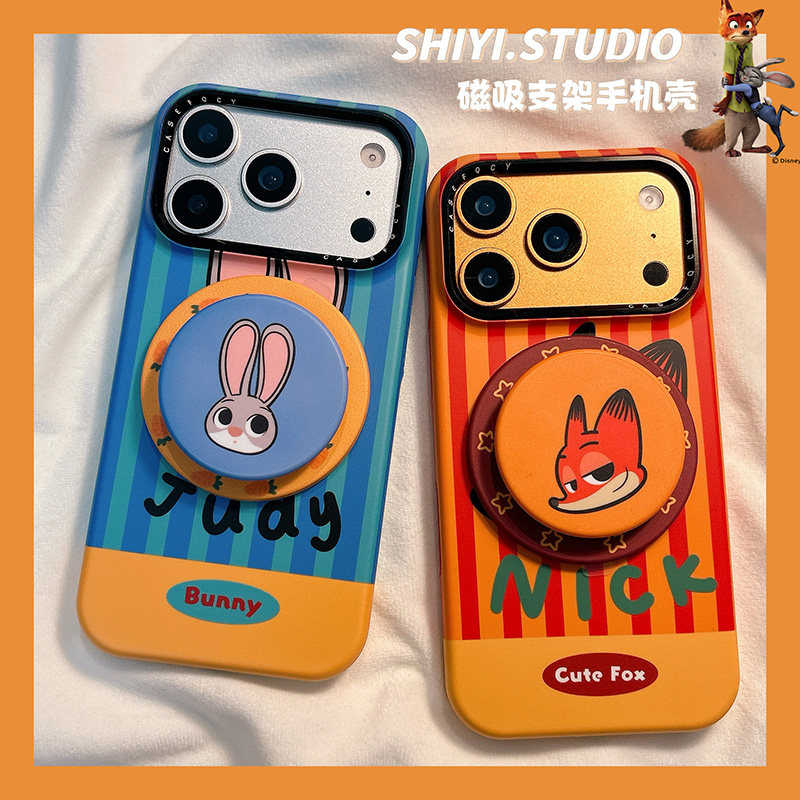 竖条纹狐狸兔子情侣磁吸支架适用苹果17promax手机壳16pro新款iphon17可爱15pro女款15菲林14防摔13卡通硬壳